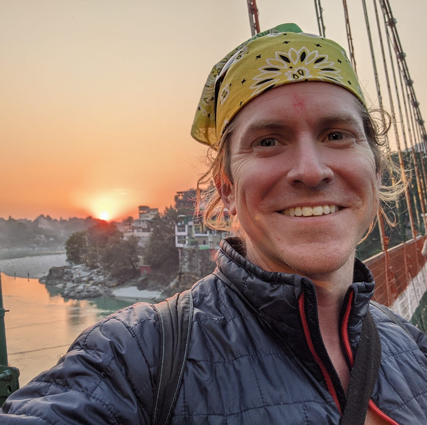 Chris on the bridge in Rishikesh